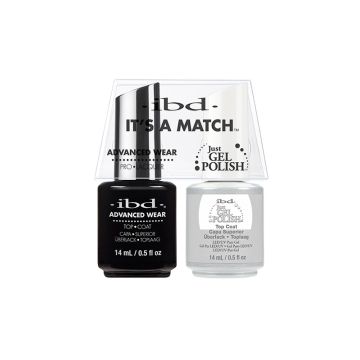 Front-view of ibd Just Gel Polish No Cleanse Top Coat It's A Match Duo Pack in 0.5-ounce bottle with detailed label text 