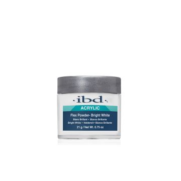 A forward-facing 0.75 ounce jar of ibd Flex Bright White featuring its contents, glossy silver cap, & product label