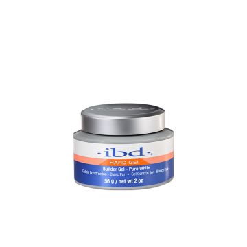 Front view of a capped 2-ounce plastic tub of ibd UV Pure White Builder Gel 