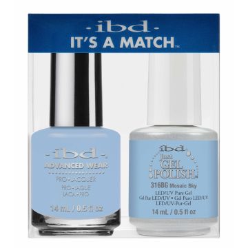 Front view of IBD Just Gel Polish bottle in shade Mosaic Sky and IBD Advanced Wear bottle in shade Mosaic Sky
